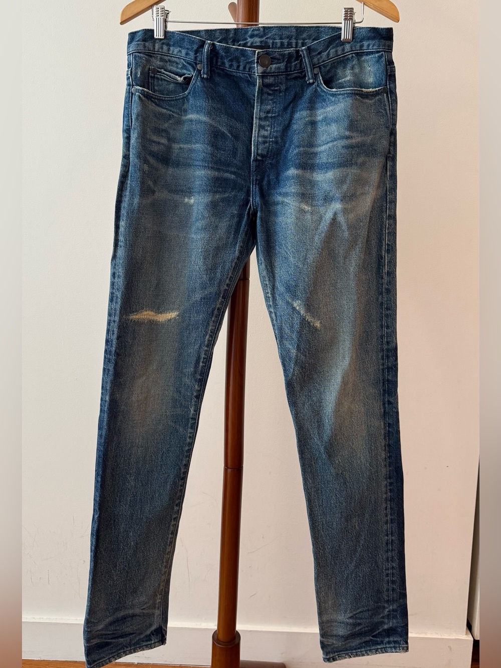 John Elliott Classic Slim Fit Men's Jeans in Distressed Blue